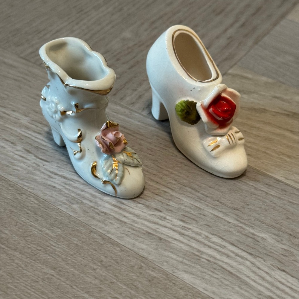 Vintage Porcelain Miniature Shoes Figurines‎ Rose Floral Gold Accent Decor